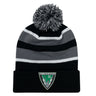 Show your team pride with the EMB Augusta Birmingham Vulcans Rugby Hooped Pom-Pom Beanie, featuring black, gray, and white stripes and an embroidered crest on the front cuff.