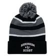 Keep cozy and represent your team with the EMB Augusta Birmingham Rugby Text Logo Hooped Pom Pom Beanie. This custom beanie features classic black and gray hoops, a fun pom-pom on top, and “Birmingham Rugby” embroidered in bold white lettering on the front cuff—perfect for match days or everyday style.