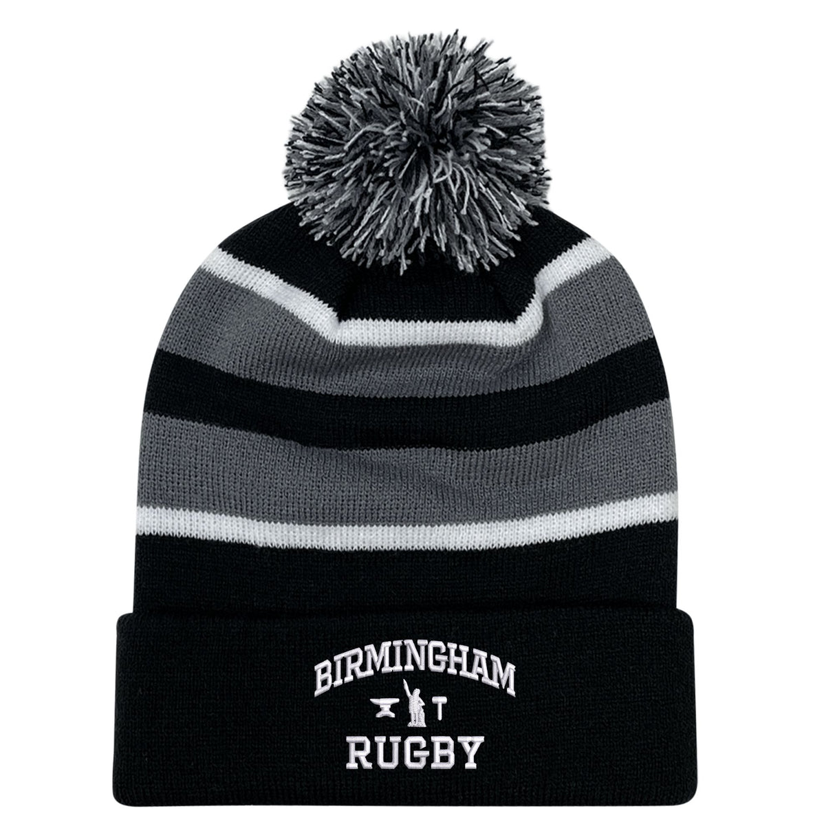 Keep cozy and represent your team with the EMB Augusta Birmingham Rugby Text Logo Hooped Pom Pom Beanie. This custom beanie features classic black and gray hoops, a fun pom-pom on top, and “Birmingham Rugby” embroidered in bold white lettering on the front cuff—perfect for match days or everyday style.