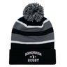 Keep cozy and represent your team with the EMB Augusta Birmingham Rugby Text Logo Hooped Pom Pom Beanie. This custom beanie features classic black and gray hoops, a fun pom-pom on top, and “Birmingham Rugby” embroidered in bold white lettering on the front cuff—perfect for match days or everyday style.