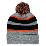 An Augusta Sportswear Hooped Knit Fold Over Pom-Pom Beanie with contrast stripes in grey, orange, and black.