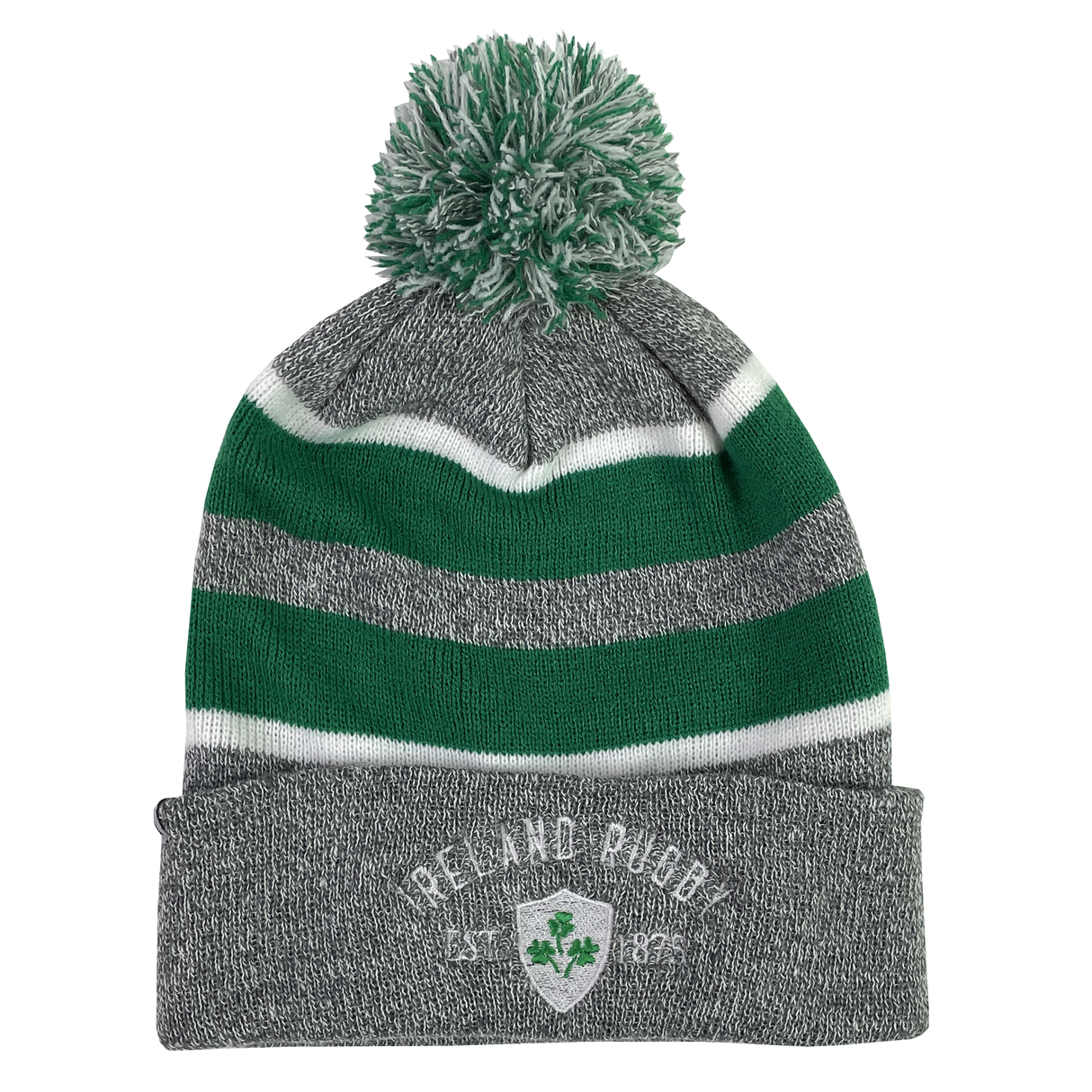The Ireland Rugby 1875 White Text Hooped Pom-Pom Beanie by EMB Augusta is gray, white, and green with an embroidered "Ireland Rugby 1874" and shamrock on the front cuff for a touch of sporting history.
