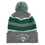 The Ireland Rugby 1875 White Text Hooped Pom-Pom Beanie by EMB Augusta is gray, white, and green with an embroidered "Ireland Rugby 1874" and shamrock on the front cuff for a touch of sporting history.
