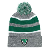 The EMB Augusta Birmingham Vulcans Rugby Hooped Pom-Pom Beanie in gray, green, and white features a "Birmingham Rugby Est 1967" cuff badge—perfect for Vulcans rugby fans.