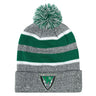 The EMB Augusta Birmingham Vulcans Rugby Hooped Pom-Pom Beanie in gray, green, and white features a "Birmingham Rugby Est 1967" cuff badge—perfect for Vulcans rugby fans.