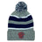 The EMB Augusta Charlotte Cardinal Rugby Club Hooped Pom-Pom Beanie features gray and navy stripes, a pom-pom, and a red eagle patch with text on the folded brim.