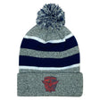 The EMB Augusta Charlotte Cardinal Rugby Club Hooped Pom-Pom Beanie features gray and navy stripes, a pom-pom, and a red eagle patch with text on the folded brim.