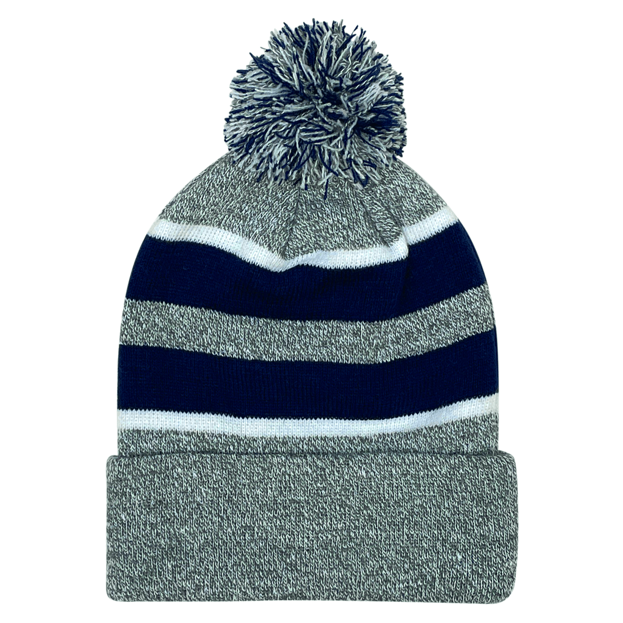A Hooped Knit Fold Over Pom-Pom Beanie made of acrylic fabric by Augusta Sportswear.