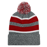 A grey and red striped Augusta Sportswear Hooped Knit Fold Over Pom-Pom Beanie made of acrylic fabric.