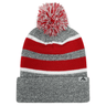 An Augusta Sportswear Hooped Knit Fold Over Pom-Pom Beanie with a Pom-Pom Cuff.