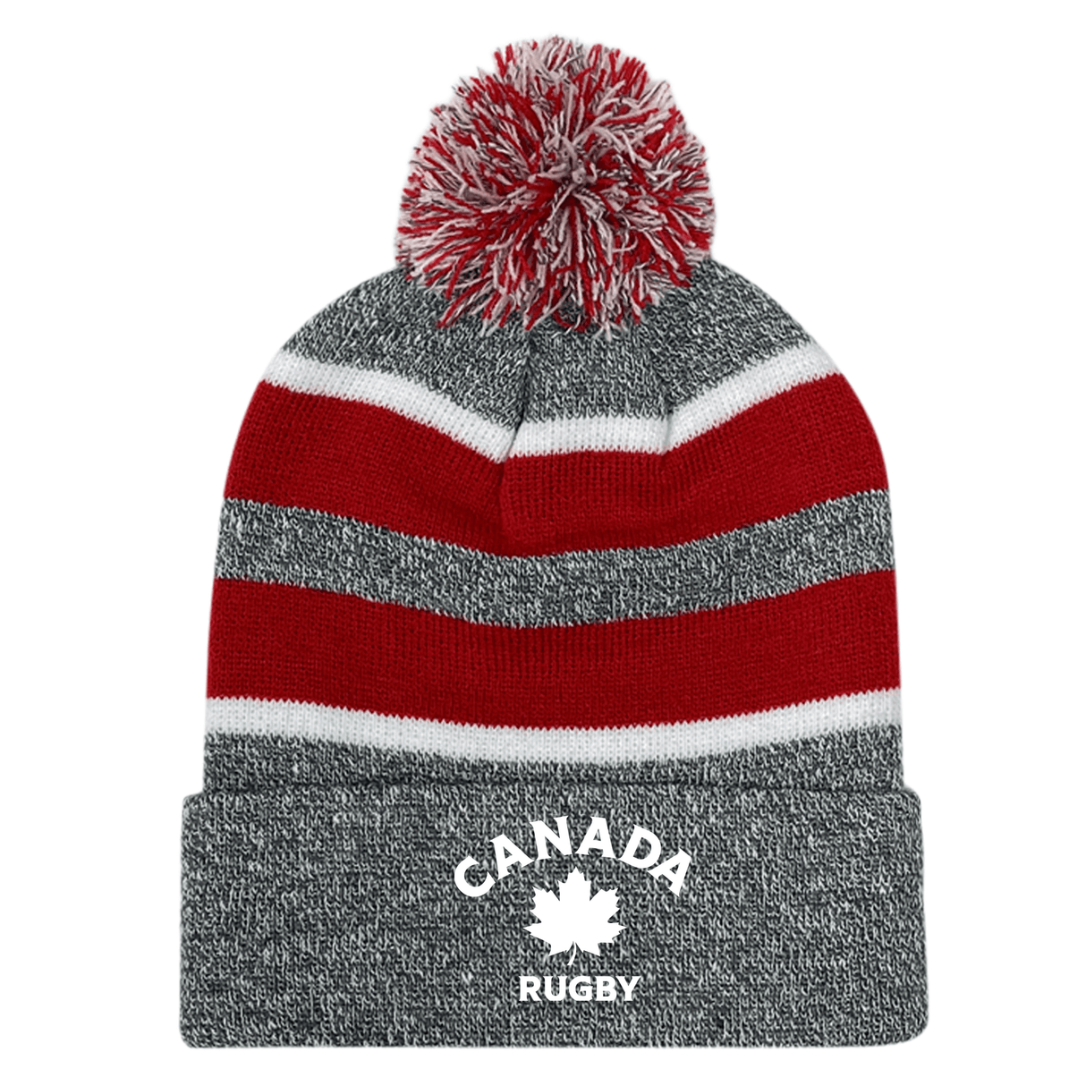A striped red, white, and grey acrylic fabric Nations of Rugby Canada Hooped Pom-Pom Beanie with "Canadian rugby" logo by EMB Augusta.