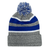 A grey and blue striped Hooped Knit Fold Over Pom-Pom Beanie with a blue pom, made of acrylic fabric by Augusta Sportswear.