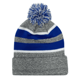 A grey and blue striped Hooped Knit Fold Over Pom-Pom Beanie with a blue pom, made of acrylic fabric by Augusta Sportswear.