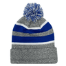 A grey and blue striped Hooped Knit Fold Over Pom-Pom Beanie with a blue pom, made of acrylic fabric by Augusta Sportswear.
