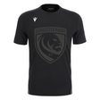 The Gloucester 25/26 Cotton Travel T-Shirt by Macron is black with a large dark grey lion crest and "1873" on the front, plus a white Macron logo on the right shoulder.