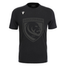 The Gloucester 25/26 Cotton Travel T-Shirt by Macron is black with a large dark grey lion crest and "1873" on the front, plus a white Macron logo on the right shoulder.