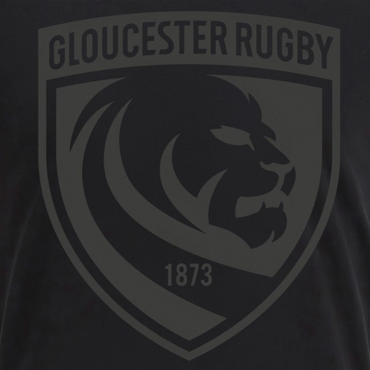 Show your support with the Gloucester 25/26 Cotton Travel T-Shirt by Macron, featuring a black and gray shield logo with a lion's head, "GLOUCESTER RUGBY" at the top, and "1873" at the bottom—perfect for your collection.