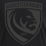 Show your support with the Gloucester 25/26 Cotton Travel T-Shirt by Macron, featuring a black and gray shield logo with a lion's head, "GLOUCESTER RUGBY" at the top, and "1873" at the bottom—perfect for your collection.