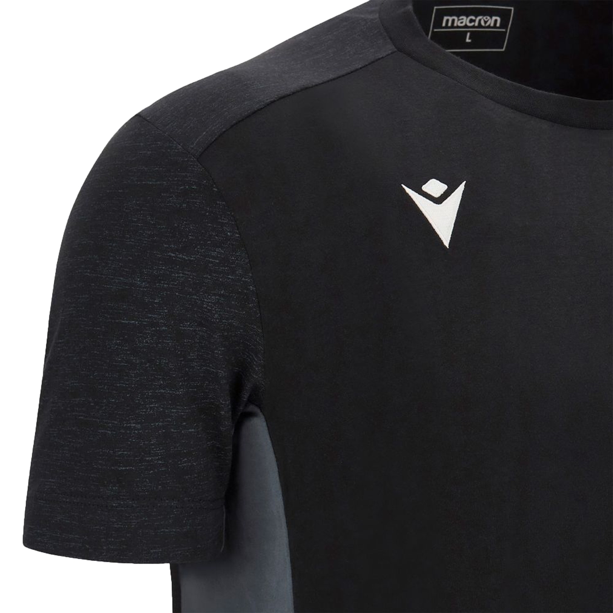 Close-up of the Gloucester 25/26 Cotton Travel T-Shirt by Macron in black, featuring the Macron logo on the chest and a size "L" label near the collar—ideal for Gloucester fans on the go.