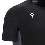 Close-up of the Gloucester 25/26 Cotton Travel T-Shirt by Macron in black, featuring the Macron logo on the chest and a size "L" label near the collar—ideal for Gloucester fans on the go.