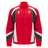 The Wales WRU 26/27 Heritage Retro Jacket by Macron is a red zip-up jacket with green and white accents, featuring the Welsh Rugby Union logo on the left chest and the Macron logo on the right, showcasing classic heritage rugby style from Macron.