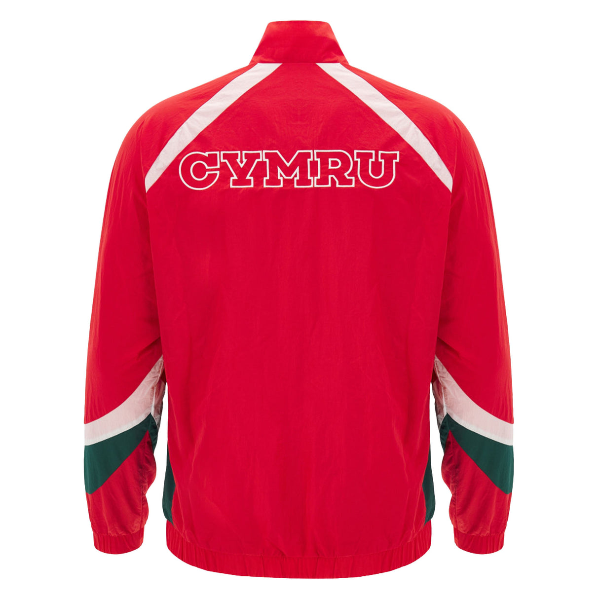 The Wales WRU 26/27 Heritage Retro Jacket by Macron features a striking red design with white and green accents. “CYMRU” is prominently displayed in bold white letters across the upper back, making this Macron jacket a standout retro piece for any Wales supporter.