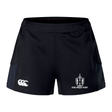 The Highlanders Rugby NC Women's Advantage Short 2.0 by Canterbury features a black design with the Highlanders Rugby logo on the right leg and the CCC (Canterbury) logo on the left leg, incorporating recycled content for improved performance and sustainability.