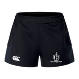 The Highlanders Rugby NC Women's Advantage Short 2.0 by Canterbury features a black design with the Highlanders Rugby logo on the right leg and the CCC (Canterbury) logo on the left leg, incorporating recycled content for improved performance and sustainability.