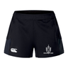 The Highlanders Rugby NC Women's Advantage Short 2.0 by Canterbury features a black design with the Highlanders Rugby logo on the right leg and the CCC (Canterbury) logo on the left leg, incorporating recycled content for improved performance and sustainability.