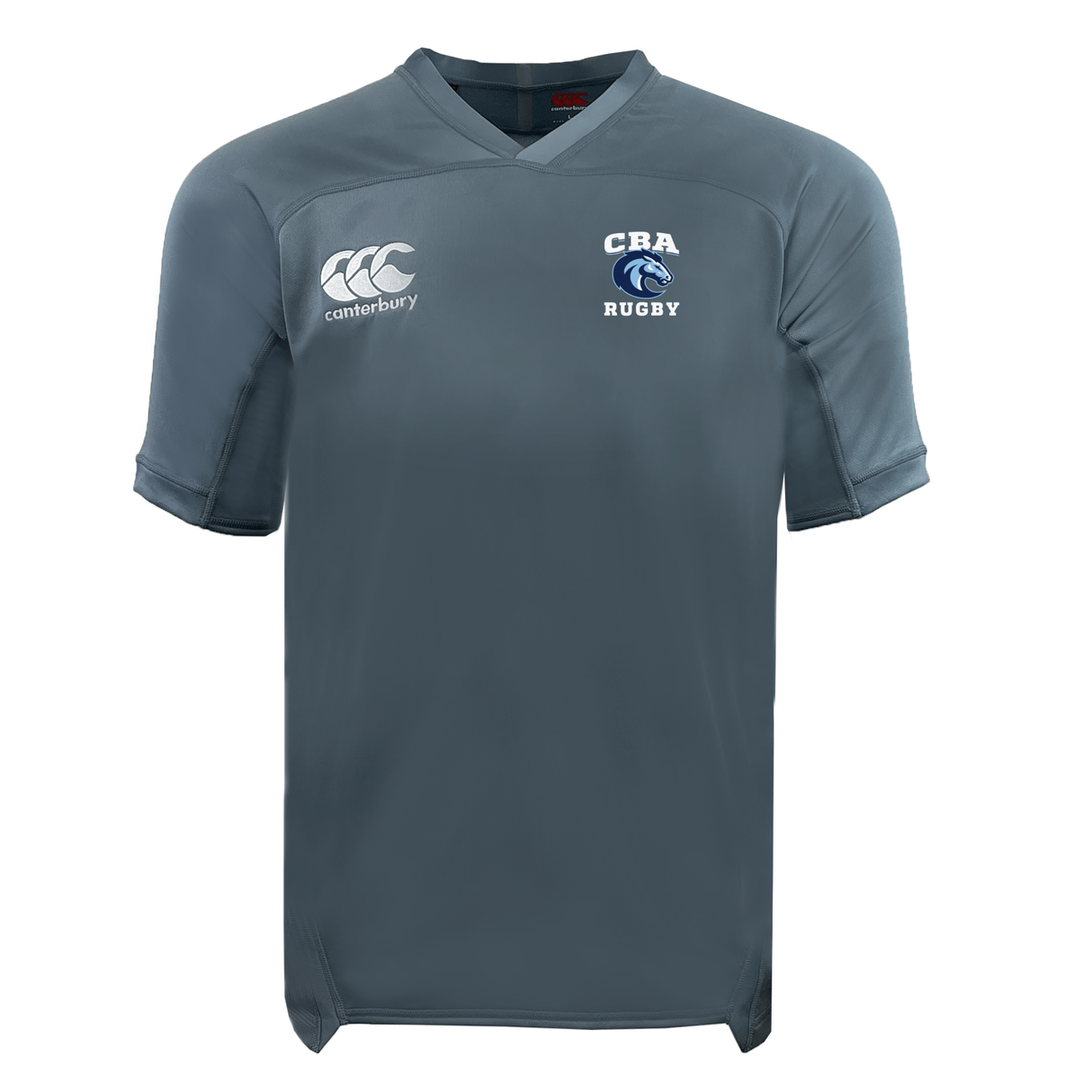 The Christian Brothers Academy Rugby Vapodri Evader Jersey by EMB Canterbury in gray displays the "CBA Rugby" logo on the chest and the Canterbury logo on the upper left, featuring advanced moisture-wicking technology for enhanced comfort during play.