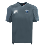 The Christian Brothers Academy Rugby Vapodri Evader Jersey by EMB Canterbury in gray displays the "CBA Rugby" logo on the chest and the Canterbury logo on the upper left, featuring advanced moisture-wicking technology for enhanced comfort during play.