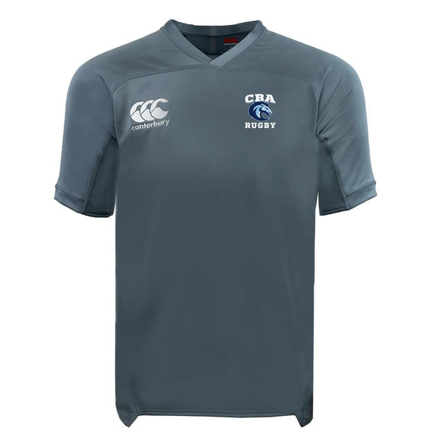 The Christian Brothers Academy Rugby Vapodri Evader Jersey by EMB Canterbury in gray displays the "CBA Rugby" logo on the chest and the Canterbury logo on the upper left, featuring advanced moisture-wicking technology for enhanced comfort during play.