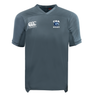 The Christian Brothers Academy Rugby Vapodri Evader Jersey by EMB Canterbury in gray displays the "CBA Rugby" logo on the chest and the Canterbury logo on the upper left, featuring advanced moisture-wicking technology for enhanced comfort during play.