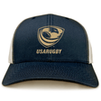 The USA Rugby Bronze Eco Trucker Hat by EMB S&S Activewear features navy blue and white organic cotton with the USA Rugby logo and "USARUGBY" printed on the front.