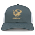The EMB S&S Activewear USA Rugby Bronze Retro Trucker Cap features a gray and white design with a gold USA Rugby logo and "USARUGBY" on the front—perfect for Women's Sevens fans.