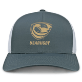 The EMB S&S Activewear USA Rugby Bronze Retro Trucker Cap features a gray and white design with a gold USA Rugby logo and "USARUGBY" on the front—perfect for Women's Sevens fans.
