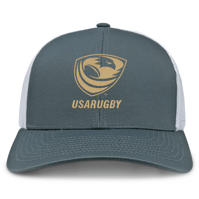 The EMB S&S Activewear USA Rugby Bronze Retro Trucker Cap features a gray and white design with a gold USA Rugby logo and "USARUGBY" on the front—perfect for Women's Sevens fans.