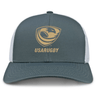 The EMB S&S Activewear USA Rugby Bronze Retro Trucker Cap features a gray and white design with a gold USA Rugby logo and "USARUGBY" on the front—perfect for Women's Sevens fans.