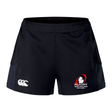 The Rugby Michigan Referee Society Women's Advantage Short 2.0 by EMB Canterbury showcases black rugby shorts with the "Rugby Michigan Referee" logo and a white EMB Canterbury insignia on the left side. These shorts, crafted with recycled materials, offer exceptional performance and sustainability for players and referees alike.