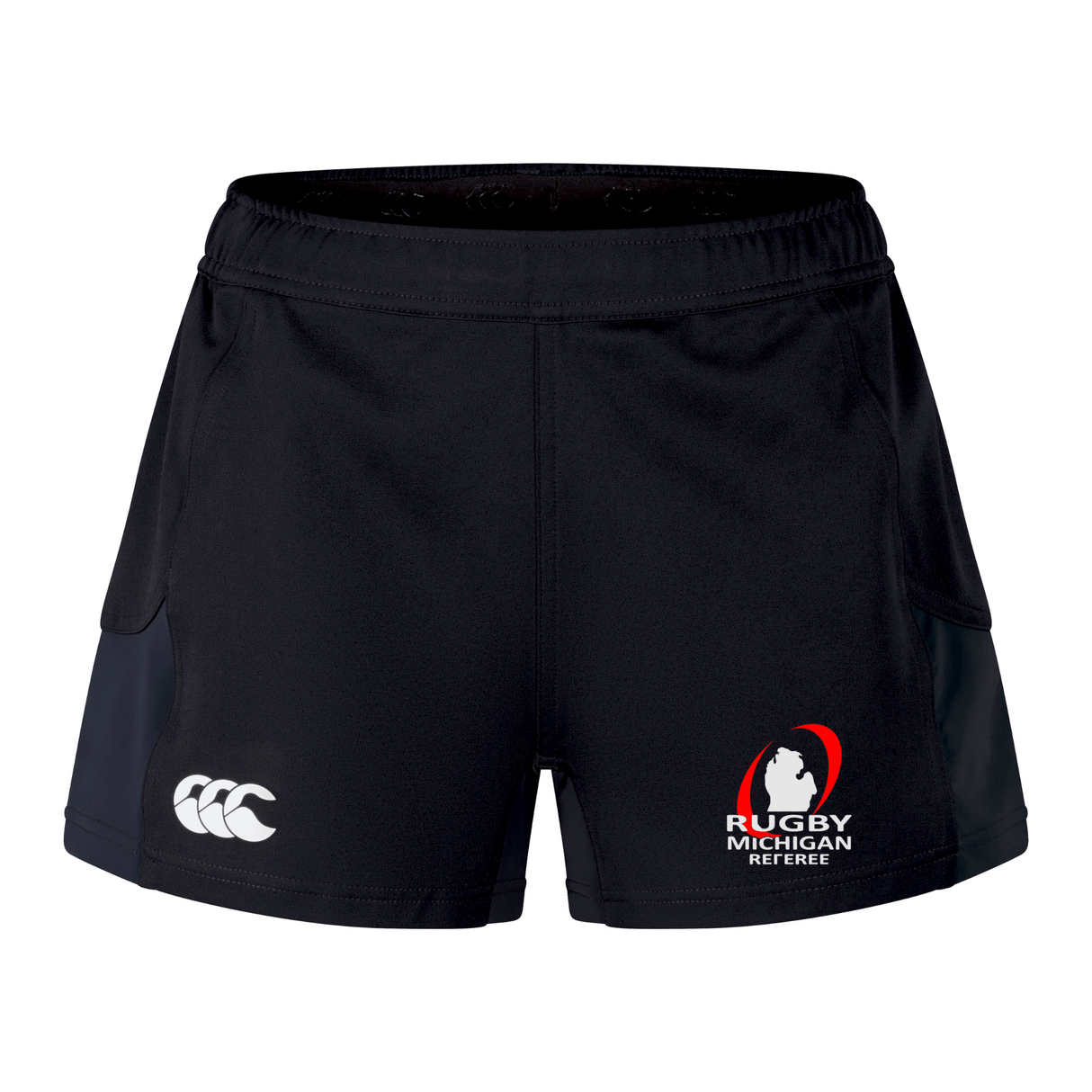 The Rugby Michigan Referee Society Women's Advantage Short 2.0 by EMB Canterbury showcases black rugby shorts with the "Rugby Michigan Referee" logo and a white EMB Canterbury insignia on the left side. These shorts, crafted with recycled materials, offer exceptional performance and sustainability for players and referees alike.