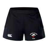 Ventura Outlaws Rugby Women's Advantage Short 2.0 by Canterbury, from EMB Canterbury, featuring a black design with the "Teatura Outlaws" logo on the front right side and a white three-logo design on the left, and equipped with a stretch gusset for enhanced movement.