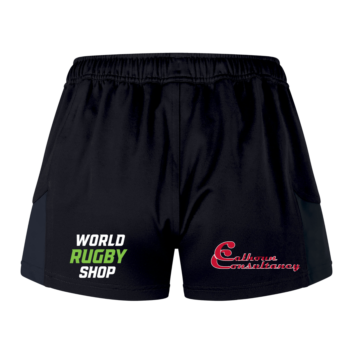 The Highlanders Rugby NC Women's Advantage Short 2.0 by Canterbury features the "World Rugby Shop" logo in green and white on the left leg and the "Cathroa Consultancy" logo in red on the right leg. Crafted from sustainable sportswear materials, these black athletic shorts by EMB Canterbury ensure you stay comfortable while performing at your best.