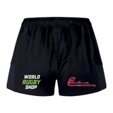 The Highlanders Rugby NC Women's Advantage Short 2.0 by Canterbury features the "World Rugby Shop" logo in green and white on the left leg and the "Cathroa Consultancy" logo in red on the right leg. Crafted from sustainable sportswear materials, these black athletic shorts by EMB Canterbury ensure you stay comfortable while performing at your best.