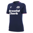 Women's Scotland 25/26 Replica Home Jersey by Macron features navy blue short sleeves, a white "Arnold Clark" sponsor logo, Scottish Rugby crest, and pink collar trim.