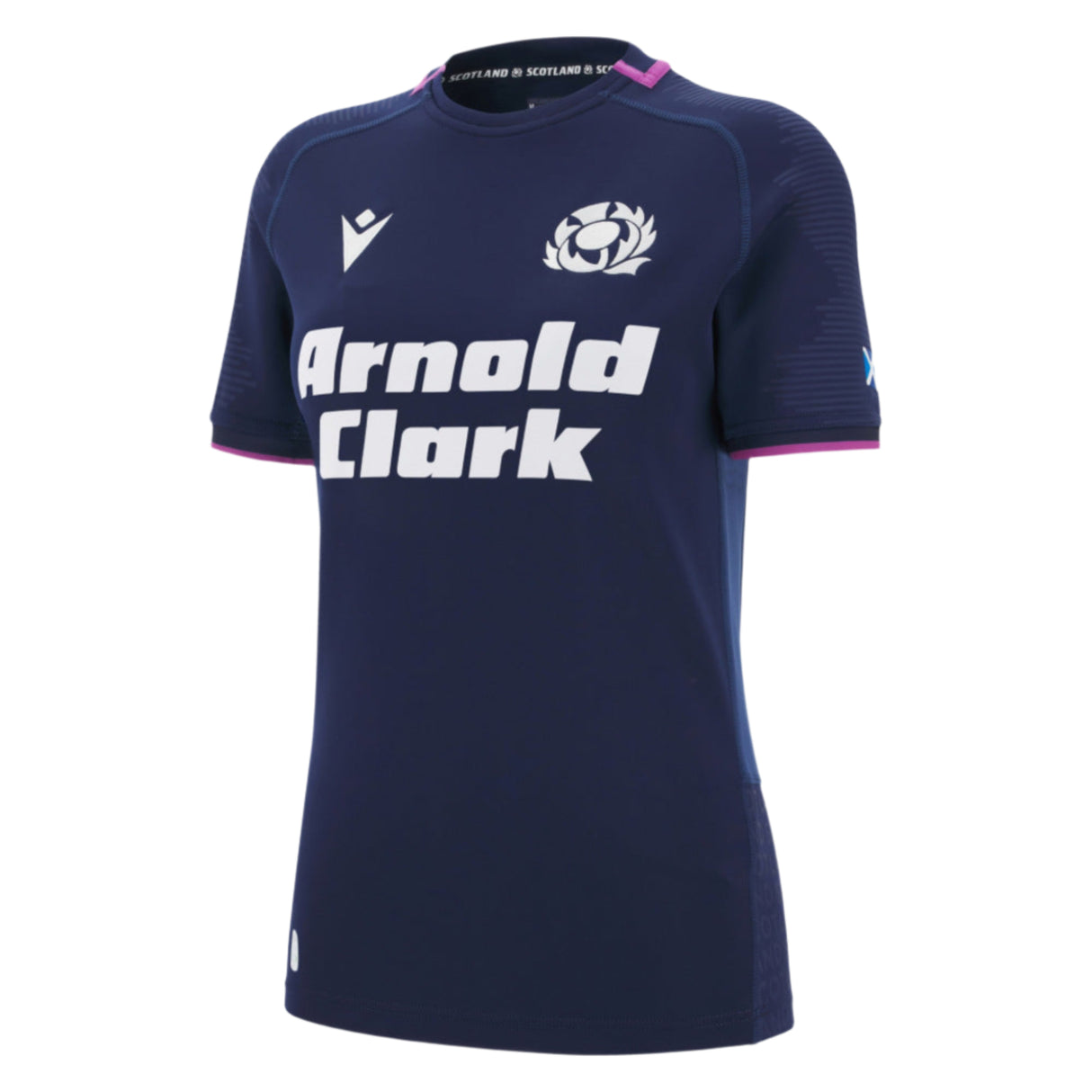 Women's Scotland 25/26 Replica Home Jersey by Macron features navy blue short sleeves, a white "Arnold Clark" sponsor logo, Scottish Rugby crest, and pink collar trim.
