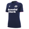 Women's Scotland 25/26 Replica Home Jersey by Macron features navy blue short sleeves, a white "Arnold Clark" sponsor logo, Scottish Rugby crest, and pink collar trim.