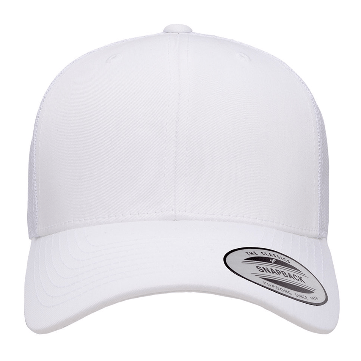 The S&S Activewear Retro Trucker Cap is a plain white hat with a curved brim, classic snapback closure, and round sticker on the bill, photographed against a white background.
