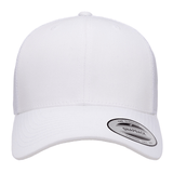 The S&S Activewear Retro Trucker Cap is a plain white hat with a curved brim, classic snapback closure, and round sticker on the bill, photographed against a white background.