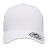 The S&S Activewear Retro Trucker Cap is a plain white hat with a curved brim, classic snapback closure, and round sticker on the bill, photographed against a white background.