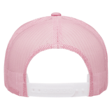 Back view of the S&S Activewear Retro Trucker Cap with pink mesh, embroidered design, and a white adjustable snapback closure.